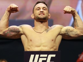 File: Frankie Edgar reacts during UFC 205 Weigh-ins at Madison Square Garden on November 11, 2016 in New York City.