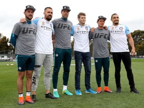 MELBOURNE, AUSTRALIA - NOVEMBER 23:  Ivan Franjic of Melbourne City, UFC fighter Kyle Noke, Thomas Sorensen of Melbourne City, UFC fighter Jake Matthews, Michael Jakobsen of Melbourne City and UFC fighter Robert Whittaker pose for the media during a Melbourne City media opportunity with UFC fighters at City Football Academy on November 23, 2016 in Melbourne, Australia.  (Photo by Robert Cianflone/Getty Images)