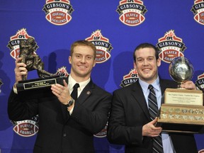 Back in 2011, UBC quarterback Billy Greene (right) hoisted the Hec Crighton award as Canada's top university football player, sharing the stage with B.C. Lions' quarterback Travis Lulay who was named the CFL's Most Outstanding Player. However the high school MVP trophy Greene won in high school was recently stolen.