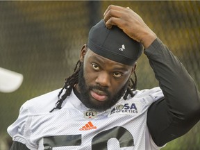 Solomon Elimimian keeps his locks under wrap at the B.C. Lions practice on Tuesday in Surrey. The Leos host the Winnipeg Blue Bombers in the CFL West Division semifinal on Sunday.
