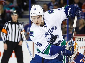 Jake Virtanen in action against the Edmonton Oilers during the 2016 preseason.