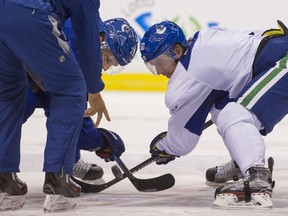 Brandon Sutter and Markus Granlund working on their faceoff moves in October.