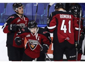 Vancouver Giants sniper Ty Ronning, who hopes to be playing in the American Hockey League next year, celebrates a goal last month against the Victoria Royals at Langley Events Centre. The Giants play Kelowna on Friday night  at LEC.