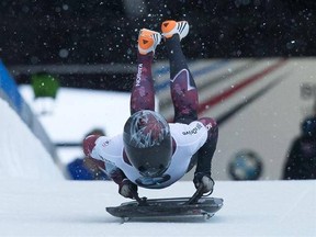 Canada&#039;s Elisabeth Vathje, of Calgary, Alta., competes in a World Cup Skeleton race in Whistler, B.C., on Friday December 2, 2016. THE CANADIAN PRESS/Darryl Dyck