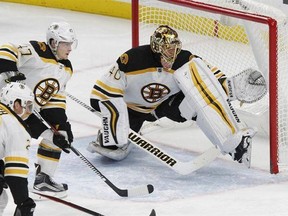 Boston Bruins goalie Tuukka Rask (40) makes a save during the third period of an NHL hockey game against the Buffalo Sabres, Saturday, Dec. 3, 2016, in Buffalo, N.Y. (AP Photo/Jeffrey T. Barnes)