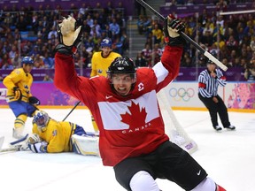 Sidney Crosby celebrates after scoring Canada's second goal in the second period during the Gold Medal match against Sweden on Day 16 of the 2014 Sochi Winter Olympics.