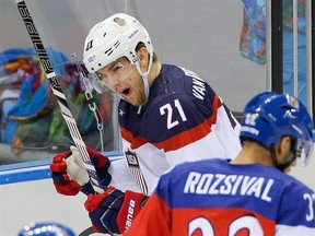 USA forward James van Riemsdyk celebrates his goal against the Czech Republic during the first period of men&#039;s quarterfinal hockey game in Shayba Arena at the 2014 Winter Olympics, Wednesday, Feb. 19, 2014, in Sochi, Russia. James van Riemsdyk went to the Stanley Cup final with the Philadelphia Flyers in 2010, but he also considers his appearance with the United States at the 2014 Olympics special and career-defining in a different kind of way. THE CANADIAN PRESS/AP/Matt Slocum
