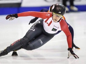 Canada&#039;s Marianne St-Gelais races during the women&#039;s 500m quarter-final competition at the ISU World Cup short track speed skating event in Calgary, Alta., Saturday, Nov. 5, 2016. St-Gelais finished third in women&#039;s 500-metre World Cup short-track speedskating race Saturday.St-Gelais, from Saint-Felicien, Que., was passed at the finish line by silver medallist Min Jeong Choi of South Korea. THE CANADIAN PRESS/Jeff McIntosh