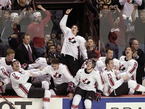 Canada celebrates their win over Russia at the 2006 world juniors at what was then GM Place  in Vancouver.