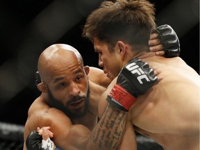 It took less than three minutes for Demetrious Johnson, left, to stop Henry Cejudo in their flyweight championship bout last April.