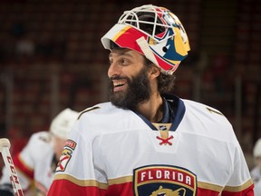 Roberto Luongo is all smiles earlier this season at Joe Louis Arena in Detroit, where his Florida Panthers are about to take on the Detroit Red Wings.