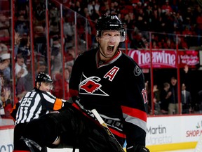 Jordan Staal of the Carolina Hurricanes celebrates after scoring against the Vancouver Canucks on Tuesday in Raleigh, N.C.