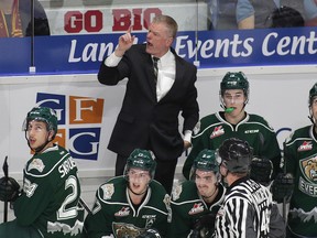 Head coach Kevin Constantine of the Everett Silvertips reacts after being ejected from the game against the Vancouver Giants during the second period of their WHL game at the Langley Events Centre on December 27, 2016 in Langley, British Columbia, Canada. (Photo by Ben Nelms/Getty Images)