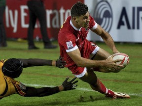 Justin Douglas scored two tries for Canada at the Dubai 7s. Adam Zaruba and Nathan Hirayama led the way with three each.