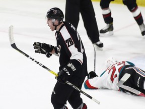 Darian Skeoch of the Vancouver Giants celebrates his goal against the Kelowna Rockets during the first period of their WHL game at the Langley Events Centre on November 4, 2016 in Langley, British Columbia, Canada. (Photo by Ben Nelms/Getty Images)