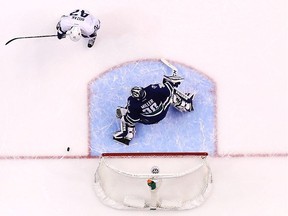 Toronto Maple Leafs' Tyler Bozak is stopped by Vancouver Canucks goaltender Ryan Miller on the final shot of the Canucks' 3-2 shootout win Saturday night at Rogers Arena.