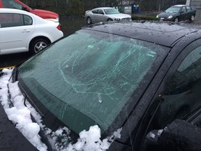 Windshield damage to a vehicle hit by an ice bomb on the Port Mann Bridge before Christmas.