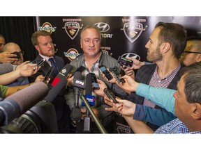 Vancouver Giants majority owner Ron Toigo speaks to the media at the Langley Events Centre in Langley. The Western Hockey League moved from Vancouver's Pacific Coliseum to the LEC for the 2016-17 season.