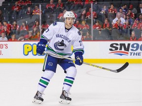 Ben Hutton takes to the ice for the pregame skate against the Flames in Calgary in 2015, minutes from making his official NHL debut.