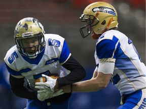 Seaquam Seahawks quarterback Josh Haydu hands off to Jalen Philpot during play against the Vernon Panthers in the double-A senior boys football provincial championship game on Saturday night at B.C. Place.