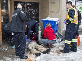 The Vancouver Fire Department medical unit responds to an unresponsive man in the Downtown Eastside in Vancouver.