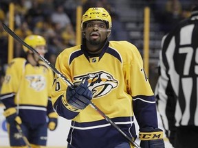 FILE - In this Nov. 8, 2016, file photo, Nashville Predators defenseman P.K. Subban plays against the Ottawa Senators during the first period of an NHL hockey game in Nashville, Tenn. Subban was supposed to play Tuesday night against against Montreal, the team that traded him to the Predators. Instead, the former Norris Trophy winner has been put him on injured reserve, (AP Photo/Mark Humphrey, File)