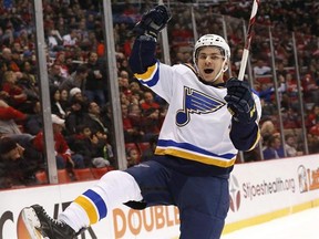 St. Louis Blues right wing Ty Rattie celebrates his goal against the Detroit Red Wings during the first period of an NHL hockey game Wednesday, Jan. 20, 2016 in Detroit. The Carolina Hurricanes have claimed winger Rattie off waivers from the Blues and placed backup goalie Eddie Lack on injured reserve. THE CANADIAN PRESS/AP/Paul Sancya