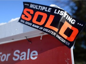 A real estate sold sign is shown outside a house in Vancouver, Tuesday, Jan.3, 2017.