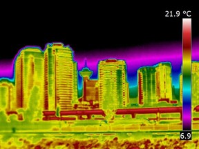 The Vancouver skyline is captured by thermal imaging camera. Dark blue areas show the coolest surfaces and yellow or white areas show the warmest. (Photo credit: City of Vancouver) [PNG Merlin Archive]