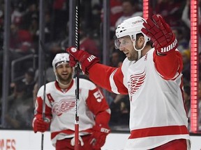 Detroit Red Wings left wing Thomas Vanek, right, of Austria, celebrates his goal with center Frans Nielsen, of Denmark, during the first period of an NHL hockey game against the Los Angeles Kings, Thursday, Jan. 5, 2017, in Los Angeles. (AP Photo/Mark J. Terrill)