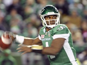 Saskatchewan Roughriders quarterback Darian Durant passes the ball during CFL action against the B.C. Lions in Regina on Saturday, Oct. 29, 2016. The Montreal Alouettes have acquired veteran quarterback Darian Durant in a trade with the Saskatchewan Roughriders. THE CANADIAN PRESS/Mark Taylor