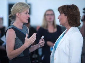 B.C. Hydro CEO Jessica McDonald, left, speaks to British Columbia Premier Christy Clark after she announced the province's climate action plan at the still under construction Carbon Capture and Conversion Institute, in Richmond, B.C., on Friday August 19, 2016. THE CANADIAN PRESS/Darryl Dyck ORG XMIT: VCRD108