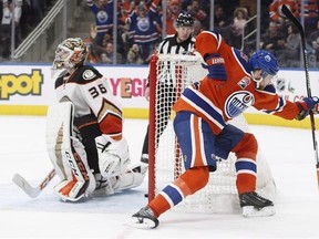Edmonton Oilers&#039; Leon Draisaitl (29) celebrates a goal against the Anaheim Ducks goalie John Gibson (36) during extra time NHL action in Edmonton, Alta., on Saturday, December 3, 2016. Draisaitl couldn&#039;t get enough of the National Hockey League when he first came to North America. THE CANADIAN PRESS/Jason Franson