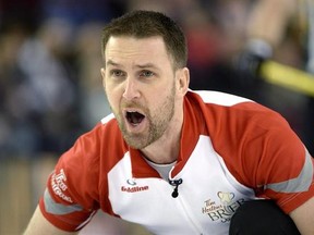 Newfoundland and Labrador skip Brad Gushue yells during a draw against Northern Ontario during round robin competition at the Tim Hortons Brier curling championship, Friday March 11, 2016, in Ottawa. Gushue has won the Newfoundland and Labrador curling title in every season since 2007. THE CANADIAN PRESS/Justin Tang