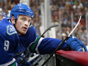 Jack Skille, who now suits up for the Vancouver Canucks, watches from the bench during an October NHL game at Rogers Arena. The grinding winger spent only one season with the Colorado Avalanche, but that 2015-16 campaign made a big impression with him both on and off the ice.