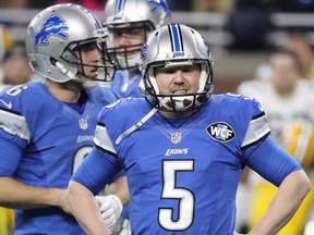 DETROIT, MI - JANUARY 01: Field goal kicker Matt Prater #5 of the Detroit Lions reacts after missing a field goal attempt against the Green Bay Packers during second half action at Ford Field on January 1, 2017 in Detroit, Michigan.