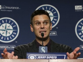 Seattle Mariners general manager Jerry Dipoto talks to reporters in Seattle, Thursday, Jan. 26, 2017, at the Mariners' annual pre-season briefing before the start of Spring Training.