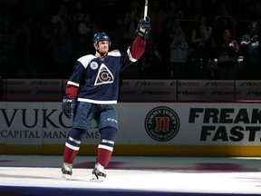 Jack Skille, then of the Colorado Avalanche, acknowledges the home crowd in Denver after being named the third star of a January 2016 NHL game at the Pepsi Center.