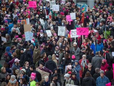 Thousands of people gather for a women's march and protest against U.S. President Donald Trump, in Vancouver, B.C., on Saturday January 21, 2017. Protests are being held across Canada today in support of the Women's March on Washington. Organizers say 30 events in all have been organized across Canada, including Ottawa, Toronto, Montreal and Vancouver.