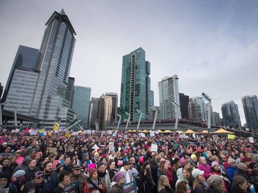 Thousands of people gather for a women's march and protest against U.S. President Donald Trump, in Vancouver, B.C., on Saturday January 21, 2017.