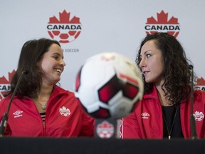 Rhian Wilkinson, left, and Melissa Tancredi of Canada's women's soccer team attend a news conference in Vancouver, Friday, Jan. 13, 2017 to announce their retirement from the team.