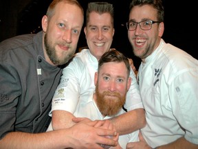 Bauhaus Restaurant’s Stefan Hartmann, Ayden Kitchen’s Nathan Guggenheimer and The Pointe Restaurant’s Warren Barr and Brendan Foell prepared the multi-course meal from the Inspired Cooking recipe book.