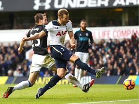 Harry Kane slots home one of his three goals for Tottenham Hotspur in last weekend’s 4-0 win over West Bromwich Albion at White Hart Lane in London, U.K.