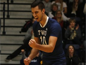 Trinity Western Spartans' senior outside hitter Ryan Sclater, the 2017 U SPORTS men's volleyball player of the year Ryan Sclater,finished his career with a 12-kill performance, adding eight digs and five block assists.