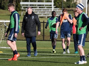 Vancouver Whitecaps goalie coach Stewart Kerr keeps an eye on things during the team's first training session of 2017 on Monday. NICK PROCAYLO/PNG