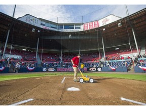 A member of the grounds crew paints in the batter's box at Nat Bailey Stadium last year before a Northwest League baseball game. The 2017 roster is starting to take shape.