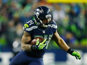 Thomas Rawls of the Seattle Seahawks carries the ball during the second half against the Detroit Lions in the NFC Wild Card game at CenturyLink Field on January 7, 2017 in Seattle, Washington.