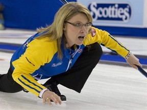 Alberta skip Shannon Kleibrink calls a shot against Nova Scotia in the morning draw at the 2011 Tournament of Hearts in Charlottetown, P.E.I. on Thursday Feb. 24, 2011. THE CANADIAN PRESS/Frank Gunn