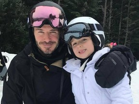 David Beckham with his daughter Harper, 5, on the slopes in Whistler. INSTAGRAM