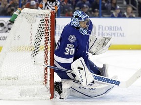 Tampa Bay Lightning goalie Ben Bishop (30) makes a blocker save on a shot by the Edmonton Oilers during the first period of an NHL hockey game Tuesday, Feb. 21, 2017, in Tampa, Fla. (AP Photo/Chris O&#039;Meara)